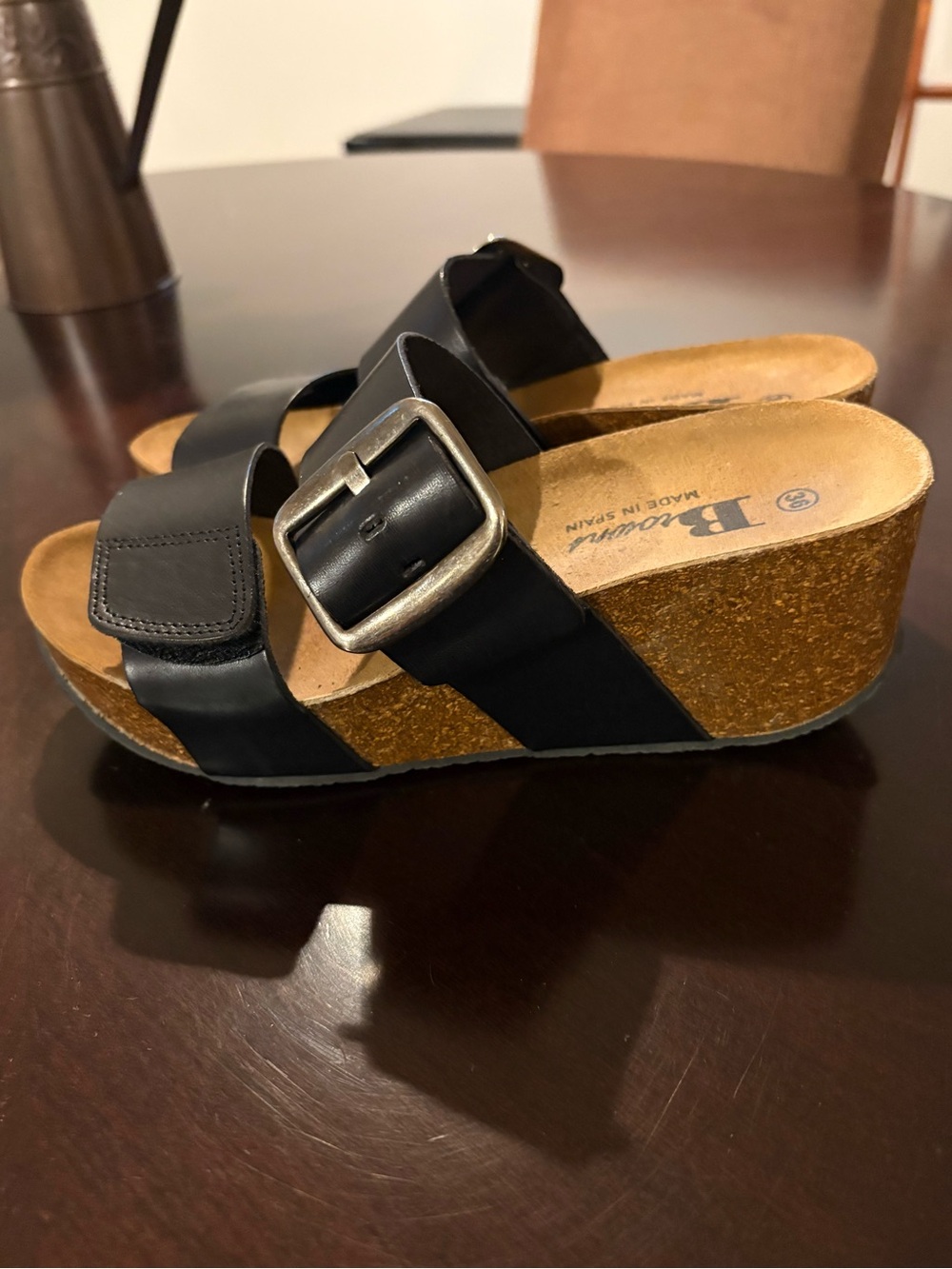 Brunate Black Cork Wedge Slide Sandals with Buckle Straps